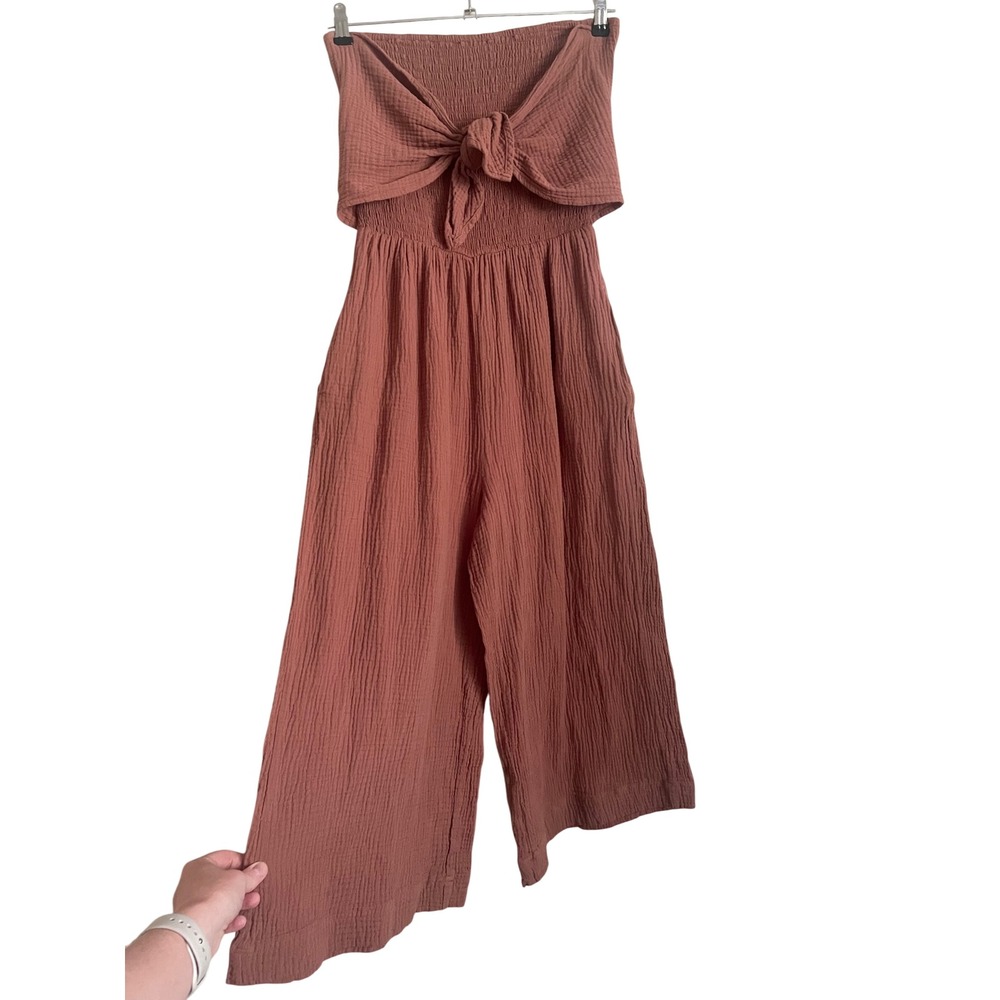 Boho Cotton Gauzey Terracotta Tie Front Smocked Wide Leg Jumpsuit Medium Earthy